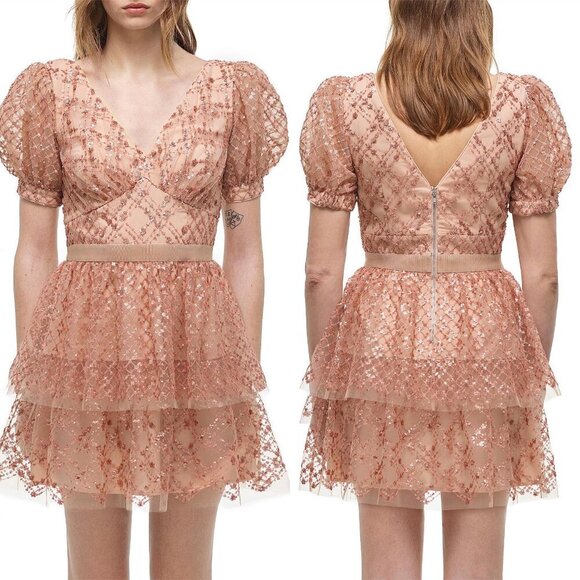 NWT Self-Portrait Blush Nude Taupe Rose Gold Sequin Grid Tiered Mini Dress - Picture 1 of 6